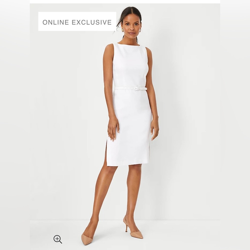 The Petite Belted Boatneck Sheath Dress in Herringbone Linen Blend